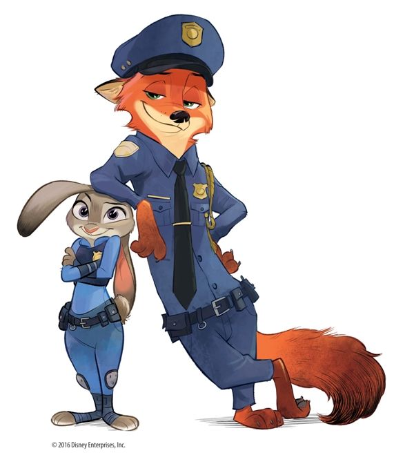 a fox and a rabbit dressed in police uniforms standing next to each other with their tails wrapped around them