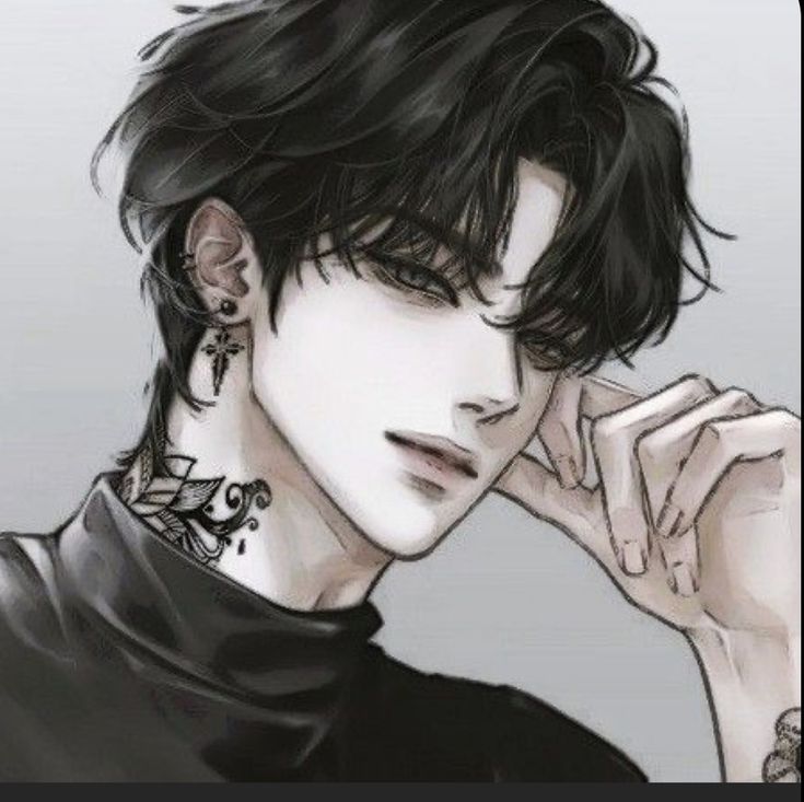 a man with black hair and piercings on his neck is looking at the camera