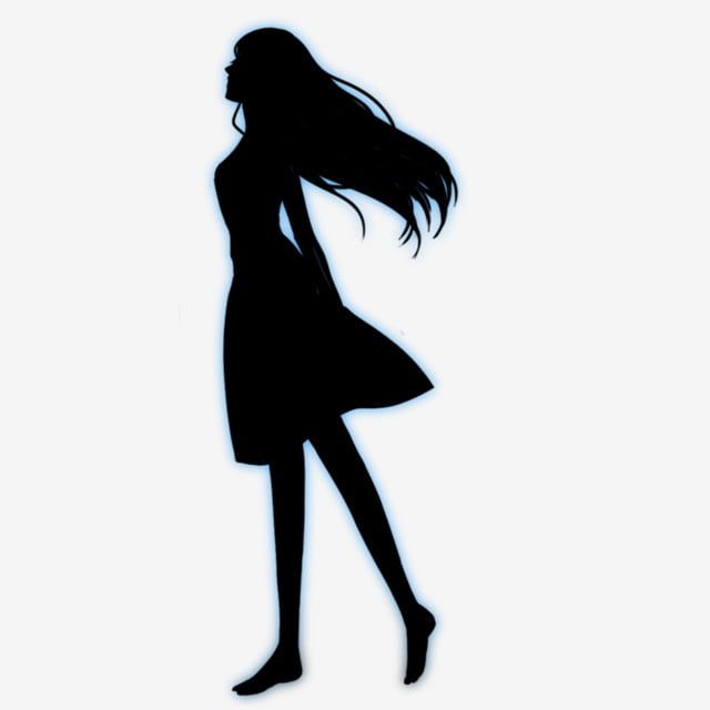 the silhouette of a woman in a short dress is shown against a white background with long hair