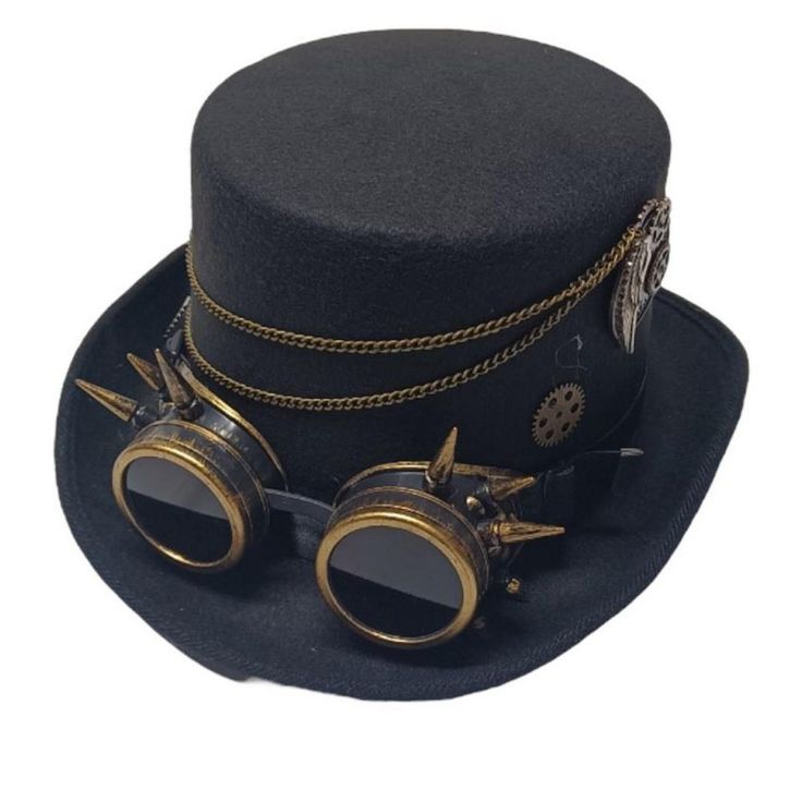 Get inventive with your next cosplay outfit with our Steampunk Inventor Top Hat, a masterpiece of industrial elegance and daring innovation. This striking top hat features a timeless black canvas adorned with intricate brown, brass, and copper details. Adorned with chains that speak of adventure and exploration, gears that whisper tales of invention and progress, and goggles with spikes that evoke a sense of daring defiance, this hat is more than just an accessory; it's a statement. Whether you' Steampunk High Crown Hat For Themed Events, Steampunk High Crown Mini Hat For Themed Events, Steampunk High Crown Costume Accessories For Cosplay, Steampunk Top Hat With High Crown For Themed Events, Steampunk Brimmed Costume Hat For Cosplay, Steampunk Costume Accessories For Cosplay Events, Inventor Goggles, Steampunk Black Costume Accessories For Cosplay, Black Steampunk Costume Accessories For Cosplay