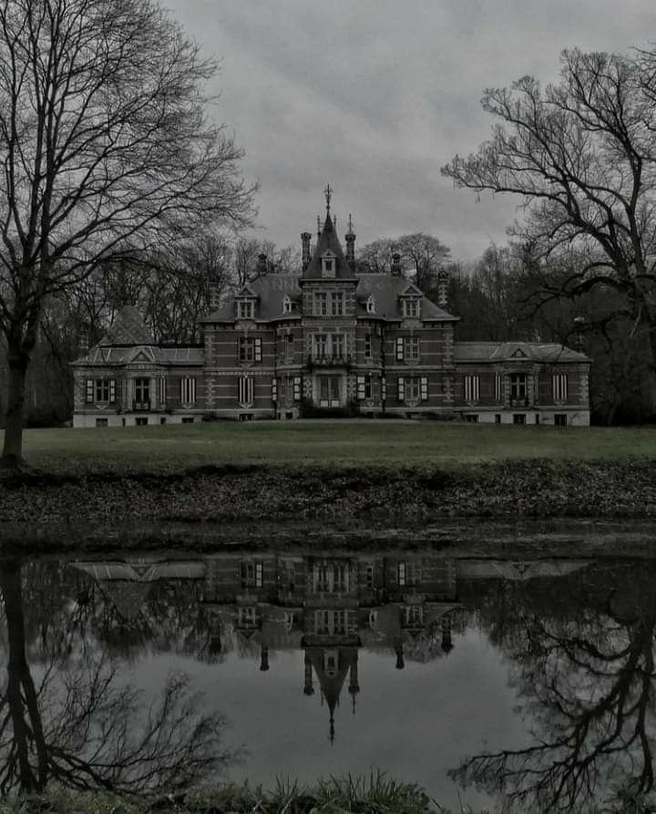 an old house with trees and water in the foreground on a gloomy day