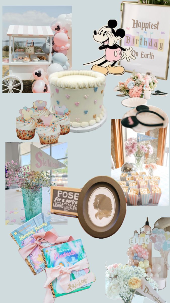 a collage of photos with various items including cake, flowers and other things in them