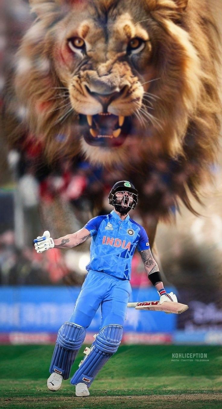 a man in blue uniform standing next to a lion