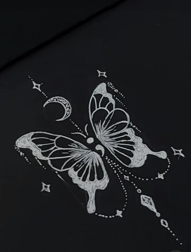 a butterfly with stars and crescents drawn on it's back side is shown