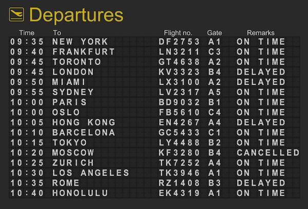 the departure board at new york international airport, with times and destinations listed in yellow