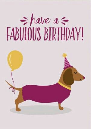 a card with a dachshund wearing a party hat and holding a balloon