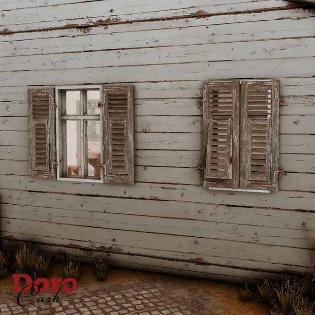 three windows with shutters on the side of a white wooden house that has brick pavers in front of it