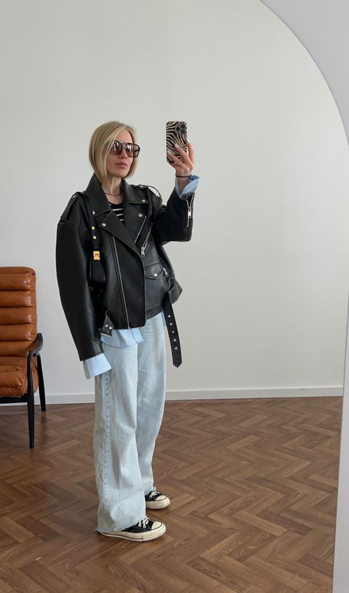 Leather Jacket Outfit 2023 Women, How To Wear A Leather Shirt Outfit, Outfit Inspo With Leather Jacket, Outfits With Biker Jacket, Styling Leather Jacket Winter Outfits, Leather Jacket And Converse Outfit, Blue Biker Jacket Outfit, Black Biker Leather Jacket Outfit, How To Style Biker Jacket