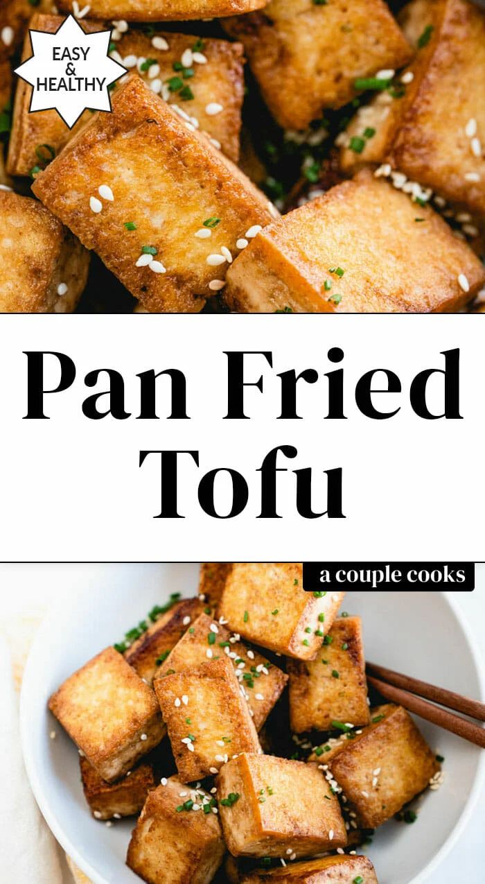 pan fried tofu in a white bowl with chopsticks