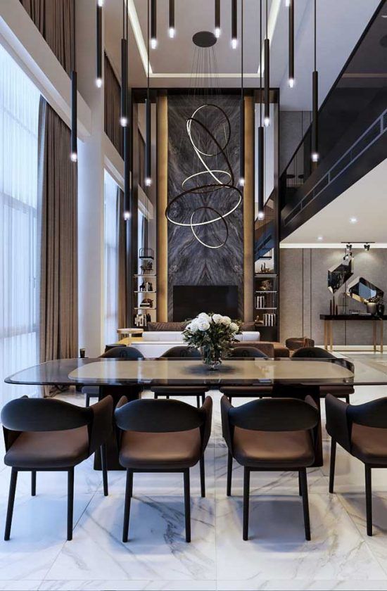 an elegant dining room with marble floors and high ceilings