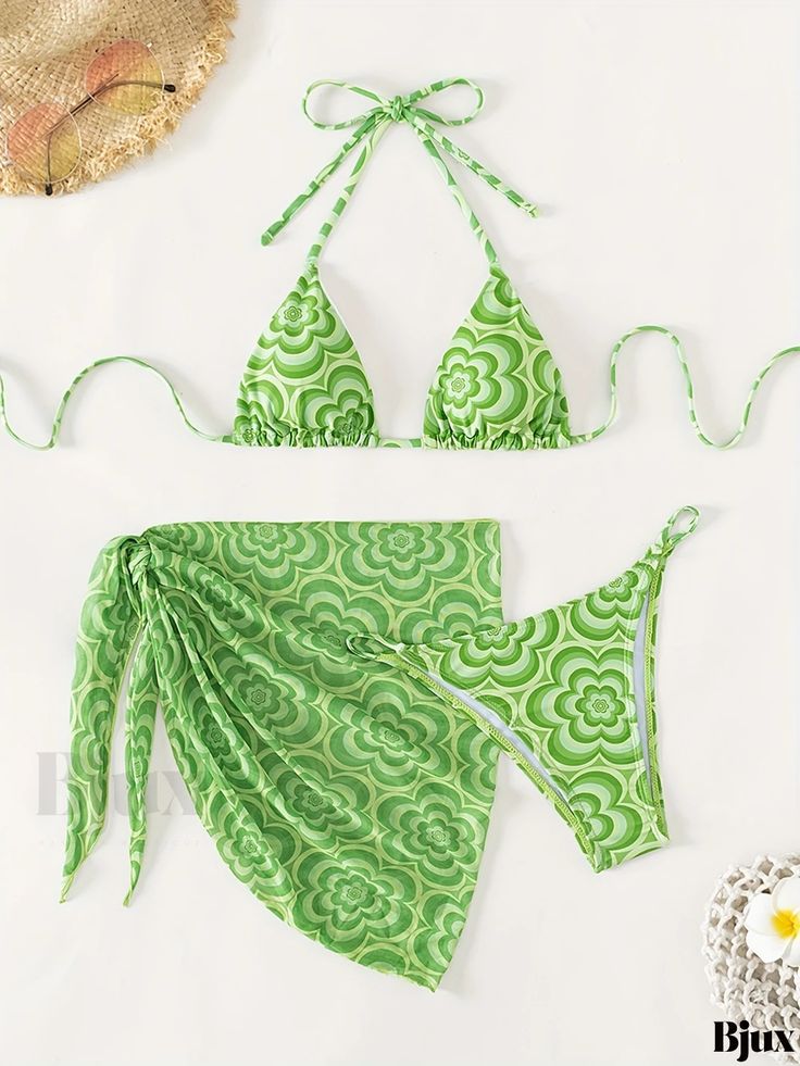 Bjux - Womens Floral Print Bikini Set: 3-Piece Fluid All Over Printed Swimwear Ensemble, featuring Triangle Halter Neck, Tie Back Closure, and Stylish Cover Up Wrap - Ideal for Swimmers and Fashionable Beachgoers Green Fitted Sets For Vacation, Printed Summer Pool Sets, Fitted Green Beach Sets, Summer Pool Sets With Printed Details, Green Fitted Sets For Beach Season, Fitted Green Sets For Beach Season, Tropical Green Vacation Sets, Printed Beach Sets For Pool Season, Stretch Beachwear Sets For Spring