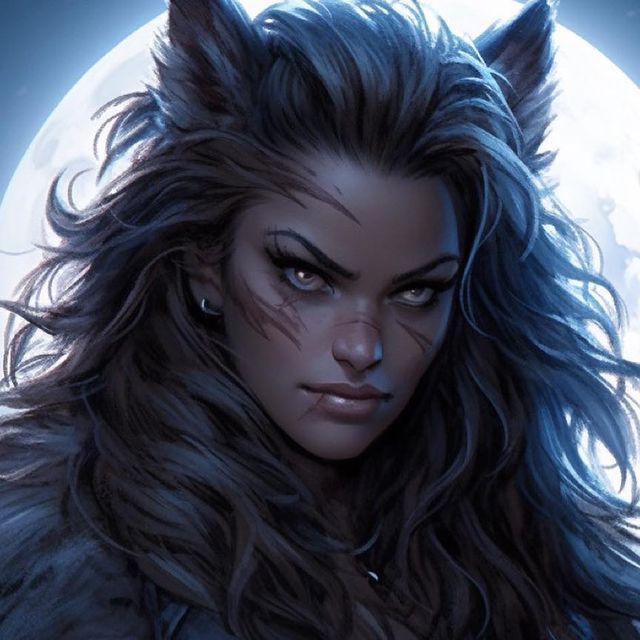 a woman with long hair standing in front of a full moon and wolf face makeup