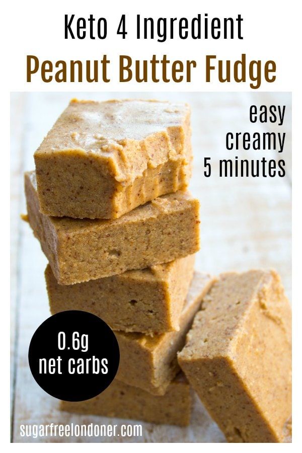 three pieces of peanut butter fudge stacked on top of each other with text overlay