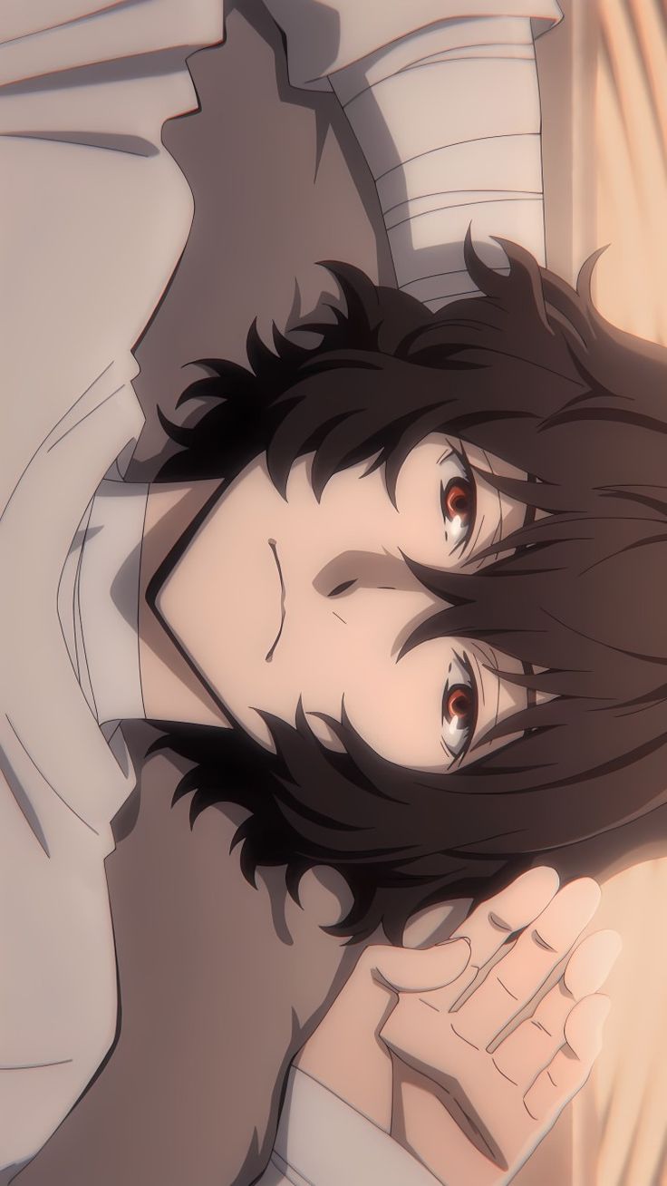 an anime character laying down with his head on his chest and eyes open, looking at the camera