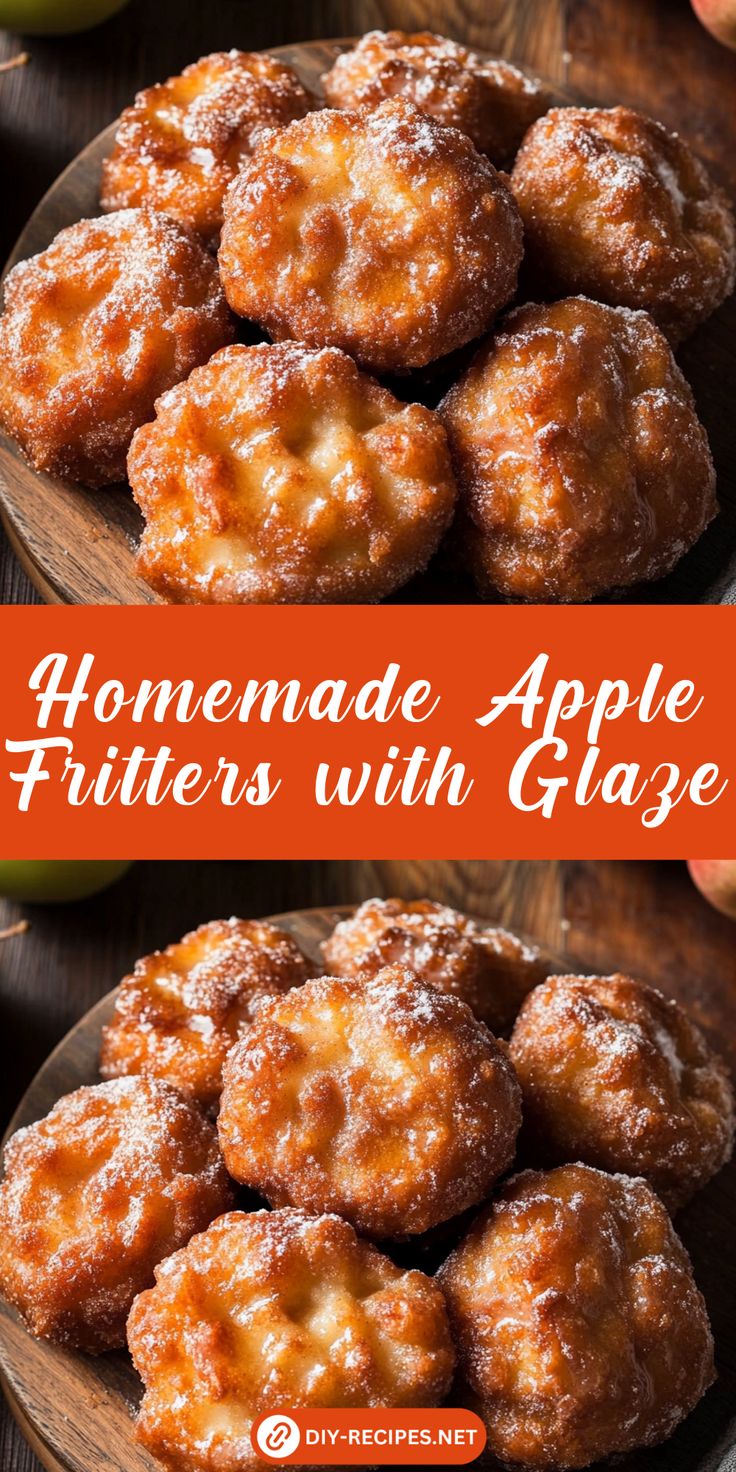 homemade apple fritters with glaze on a wooden platter next to apples