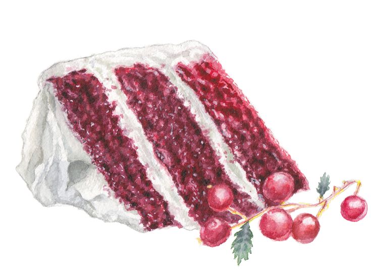 a piece of red velvet cake with cherries on the side, painted in watercolor