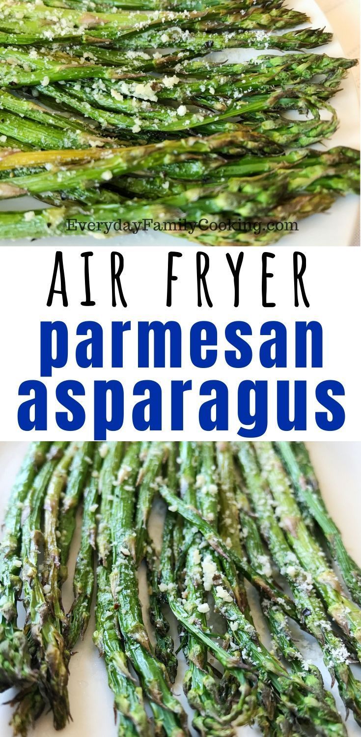 air fryer parmesan asparagus on a white plate with text overlay