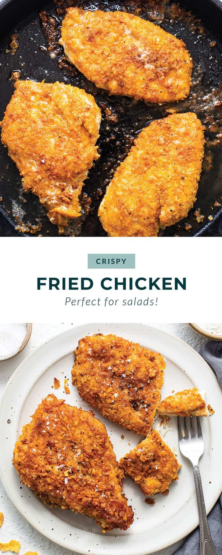 fried chicken is cooking in a skillet on a plate with a fork and knife