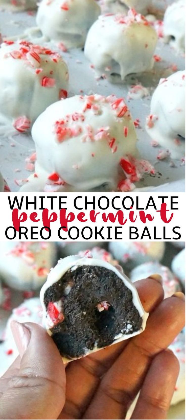 white chocolate peppermint oreo cookie balls with red and white sprinkles