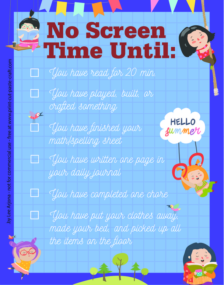 a blue poster with children's pictures on it and the words no screen time until