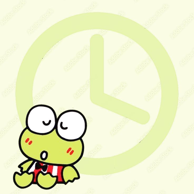 a cartoon frog with eyes closed and an alarm clock in the back ground behind it