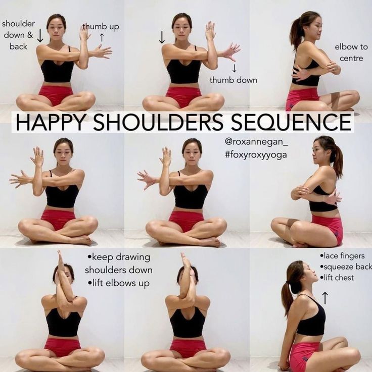 a woman doing yoga poses with the words happy shoulders sequence on her chest and arms