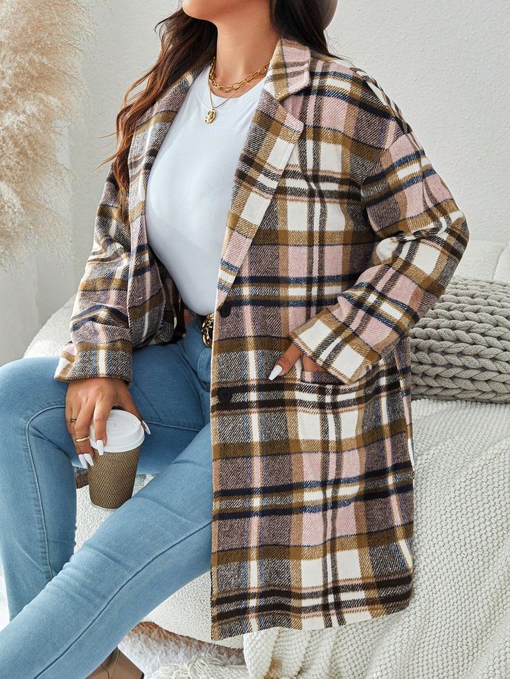 Plus Size Pink Plaid Knitted Coat With Pockets Winter Women Clothes Winter Clothes Multicolor Casual  Long Sleeve Woven Fabric Plaid Regular Non-Stretch  Women Plus Clothing, size features are:Bust: ,Length: ,Sleeve Length: Bright Jacket, Layering Jacket, Outwear Fashion, Long Coat Women, Lapel Jacket, Outfit Mujer, Plaid Coat, Cheap Womens Clothing, Casual Vest