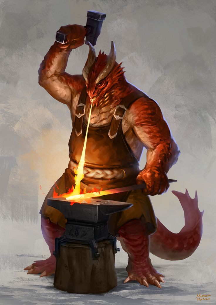 a painting of a demon holding a hammer in his right hand while sitting on a stool