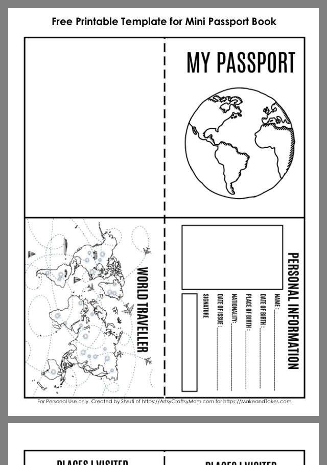 a passport with the world map on it, and an information sheet to help students learn how