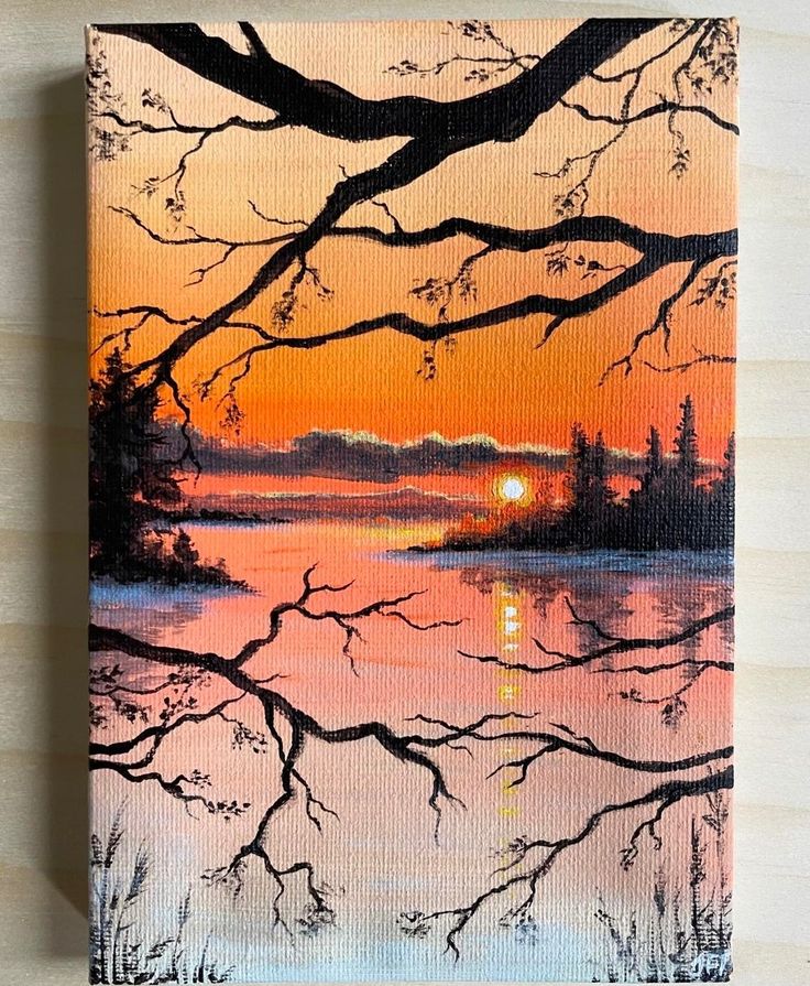 a painting of a sunset over a lake