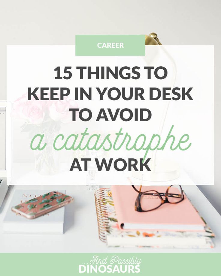 a desktop computer sitting on top of a desk next to a notebook and pen with the words, 15 things to keep in your desk to avoid a catastrope at work