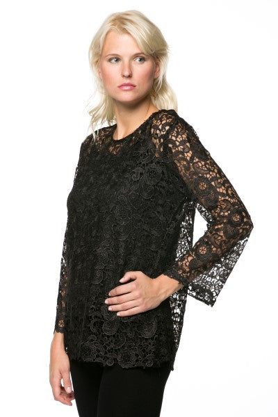 BTT-02451 Stylish and lovely, this lace top is sure to make an impression on any occasion. Perfect for formal and casual events, the lace set features a chic, long sleeve top with a rounded neck and a scalloped hem. The sleeves have a slight flare at the cuff that gives this set an extra dash of refinement. Five buttons in the back secure this trendy lace blouse. The sheer blouse goes over a simple black tank top. Material: Tank Top: 93% Polyester, 7% Spandex, Blouse: 100% Cotton Care Instructio Spring Party Lace Top With Lace Sleeves, Feminine Lace Tops For Evening, Fitted Crew Neck Elegant Blouse, Party Lace Blouse, Fitted Lace Sleeve Blouse For Formal Occasions, Chic Stretch Lace Top Blouse, Fitted Formal Blouse With Lace Sleeves, Elegant Fitted Blouse With Scalloped Lace, Formal Fitted Blouse With Lace Sleeves