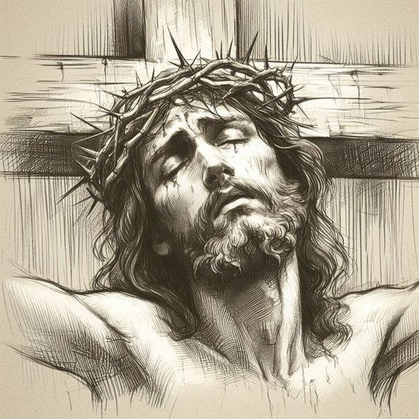 a drawing of jesus wearing a crown of thorns on his head and looking up at the cross