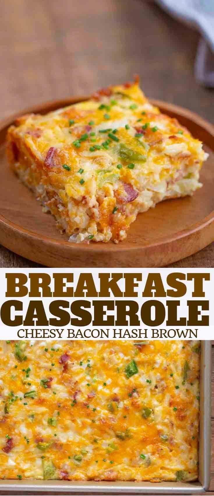 breakfast casserole with cheese, bacon and hash browns in it on a plate