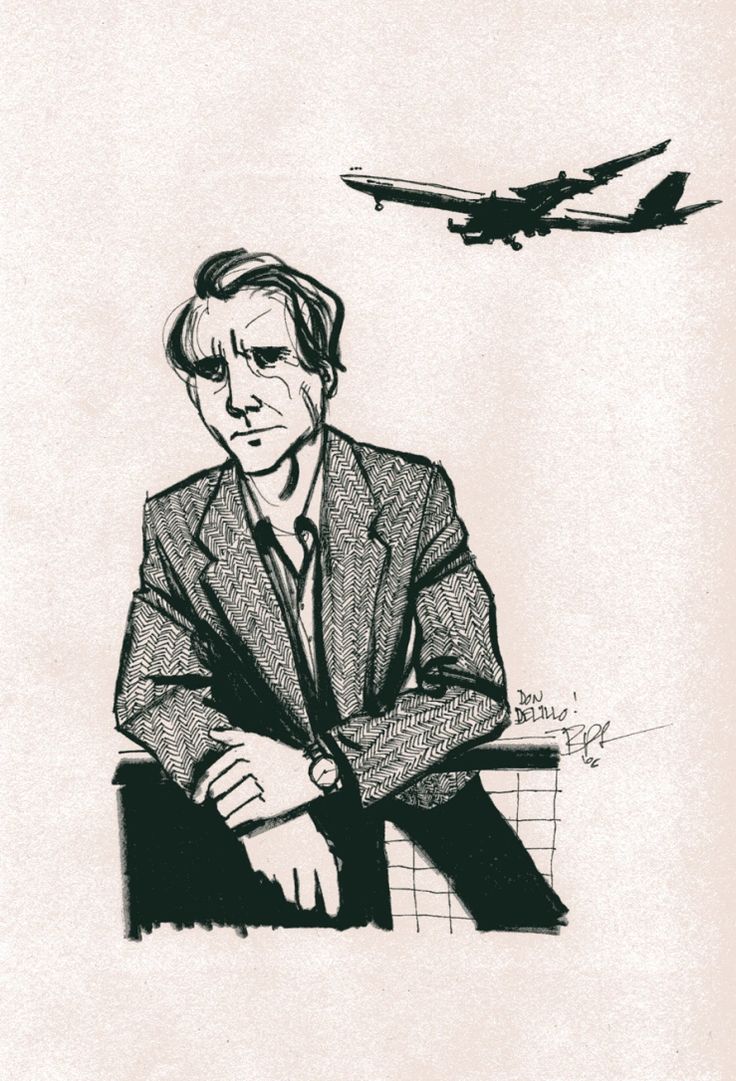 a black and white drawing of a man in a suit with an airplane behind him