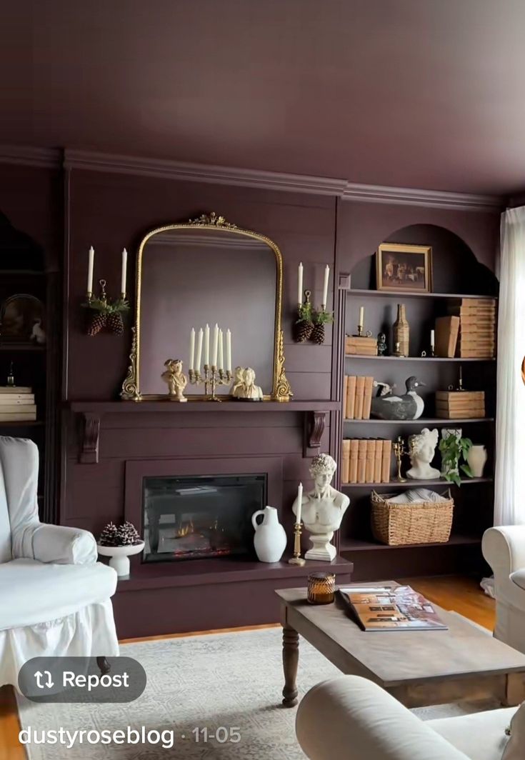 a living room filled with furniture and a fire place next to a book shelf full of books