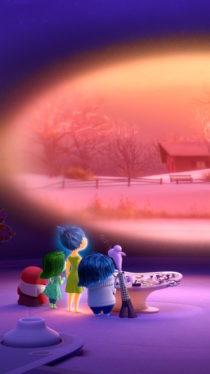 an animated scene with three people standing in front of a snow covered field at night