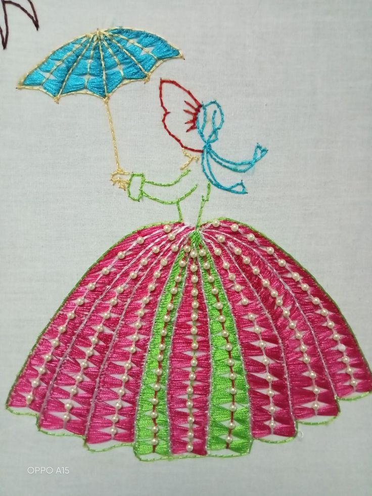 an embroidered picture of a woman in a dress with an umbrella on her head is shown