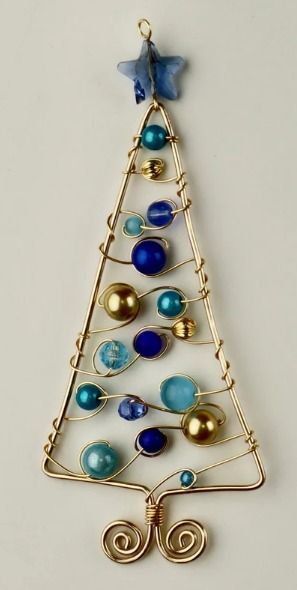 a christmas tree ornament with blue and gold ornaments hanging from it's side