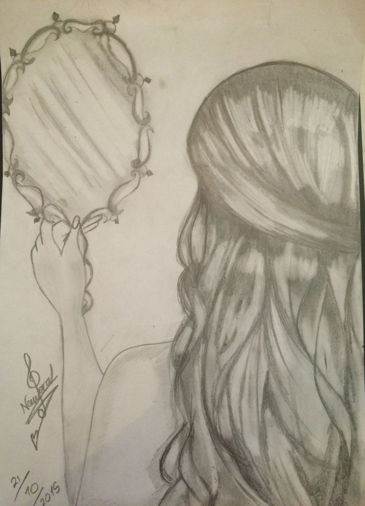 a pencil drawing of a girl looking at her reflection in the mirror