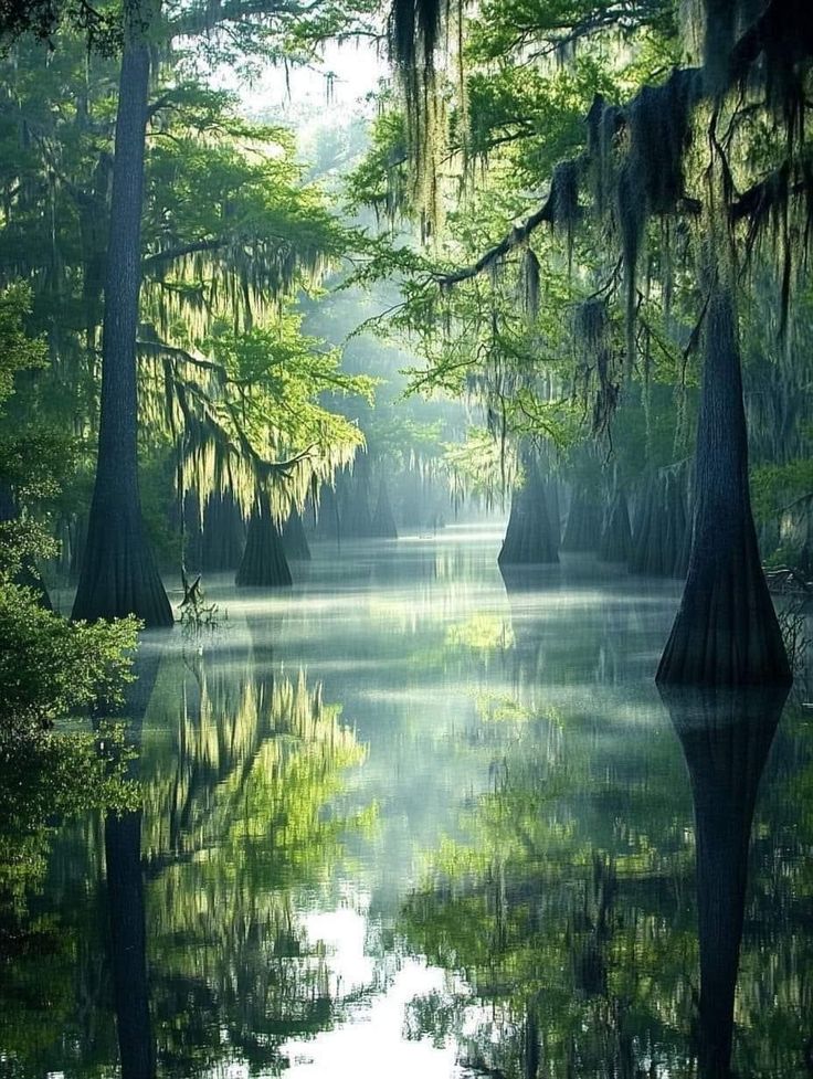 a body of water surrounded by trees with moss hanging from the ceiling and covered in spanish moss