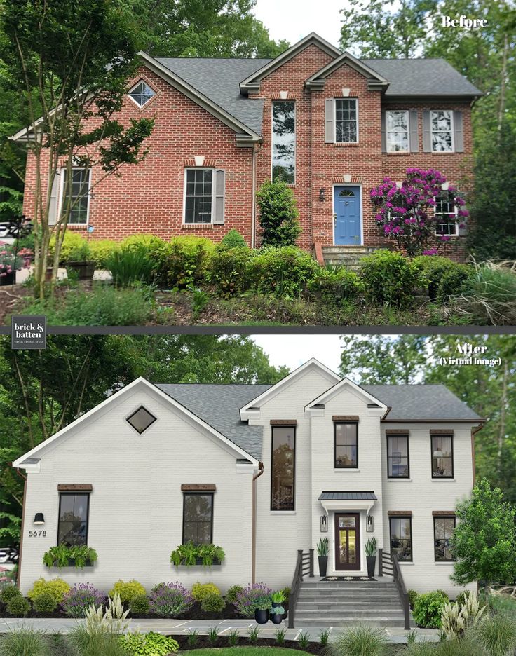 before and after shots of a house with landscaping in front, the same photo shows what it looks like