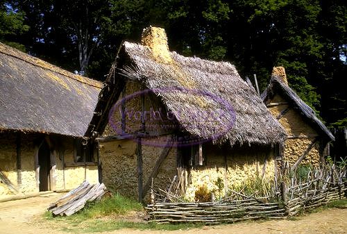 an old thatched roof house with a fence and trees in the backgroud