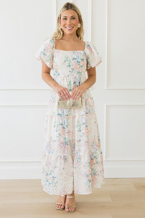 Floral Daydream Midi, Cream Multi Flowy Midi Dress Outfit, Cute Dresses Knee Length, Fall Ball Dresses Long, Modest Dance Dresses Highschool, Cream Dress Midi, Romantic Preppy Style, Garden Bridal Shower Outfit, Sunday Dresses Church, Casual Garden Party Dress