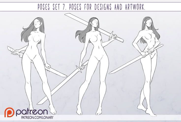 a drawing of a woman holding two swords and posing for the camera with text that reads, poses set 7 poses for designs and artwork