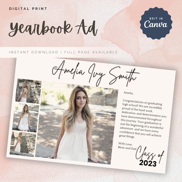 the digital print yearbook ad for an angela lily smith photography class is displayed on a pink and white background