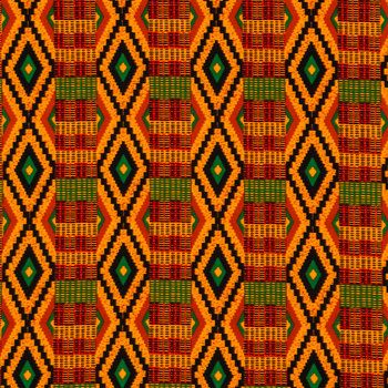 an orange, green and red pattern on fabric