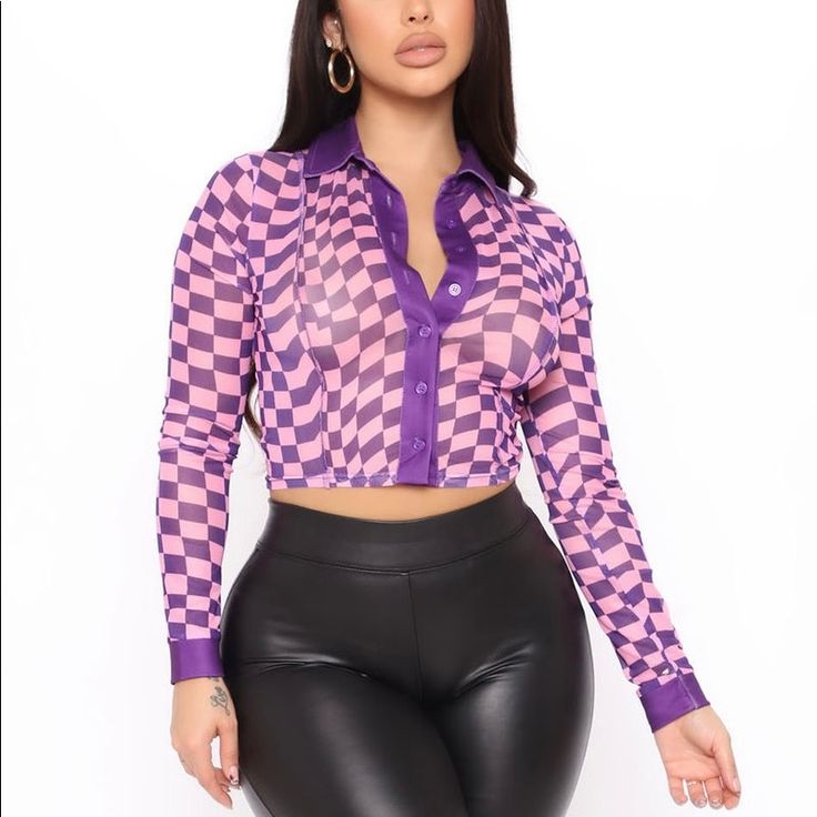 Purple/Combo. Collared Long Sleeve Button Front Visible Stitch Detail Abstract Checker Print Cropped Stretch Self: 95% Nylon, 5% Spandex Contrast: 68% Polyester, 29% Rayon 3% Spandex Pink Stretch Button-up Top, Trendy Button-up Tops For Night Out, Stretch Tops With Button Closure For Party, Stretch Top With Button Closure For Party, Fitted Purple Tops For Office Wear, Trendy Purple Blouse For Night Out, Fitted Purple Top With Button Closure, Fitted Purple Button-up Top, Fitted Purple Top With Buttons