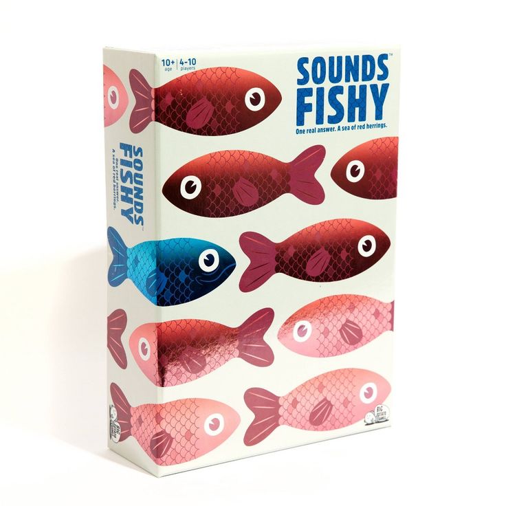 a box with some fish on it and the words sounds fishy written in blue