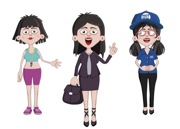 three cartoon women in different poses with one holding a handbag and the other wearing a hat